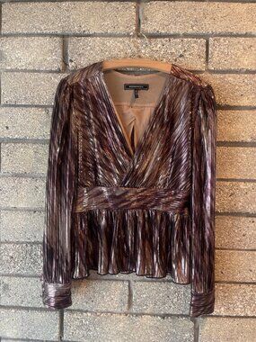 BCBGMAXAZRIA Metallic Striped Long Sleeve Peplum Top Size L